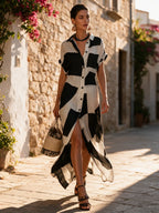 Shirt Dress Women Cotton Linen Geometric Print Maxi | Rosalind