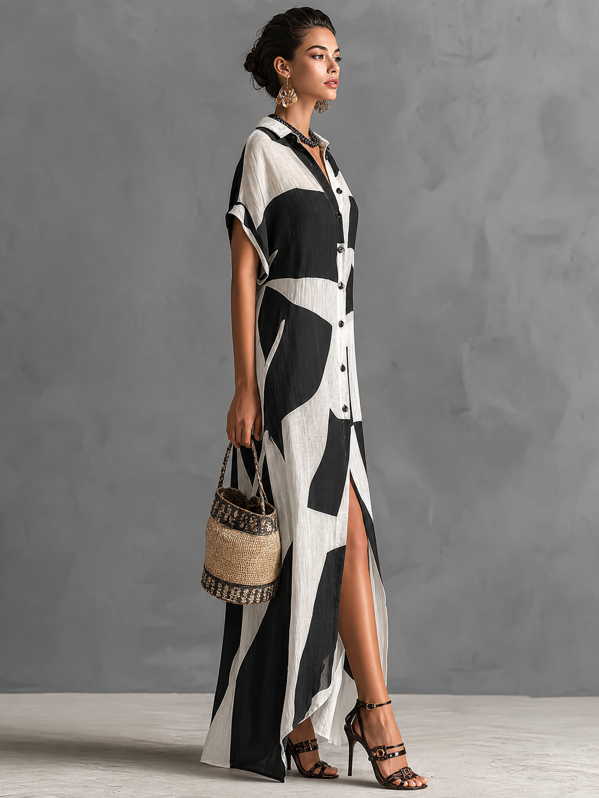 Shirt Dress Women Cotton Linen Geometric Print Maxi | Rosalind
