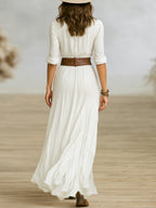Lux | Long Belted Dress | Pleated Lapels, Waist-Defining Belt | Women's