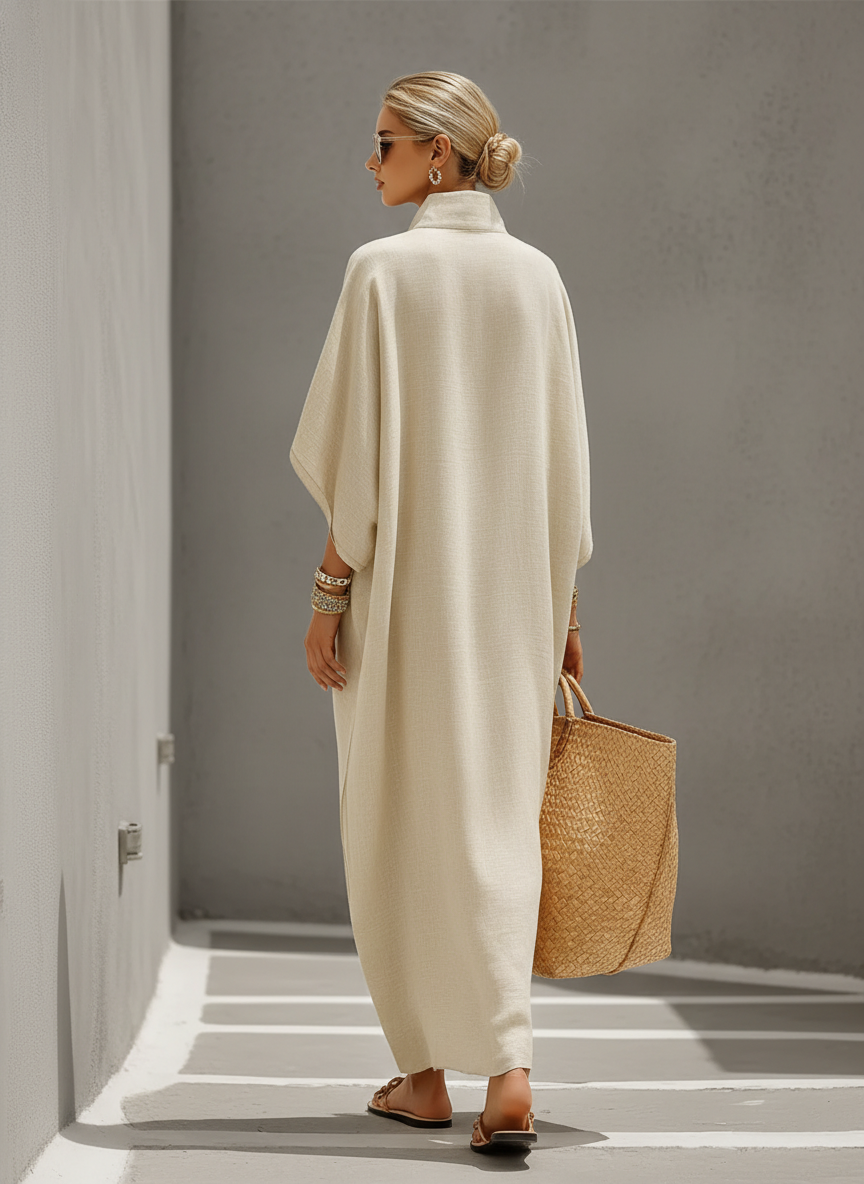 Linen Dress Women Maxi Oatmeal Relaxed Fit Mandarin Collar Casual