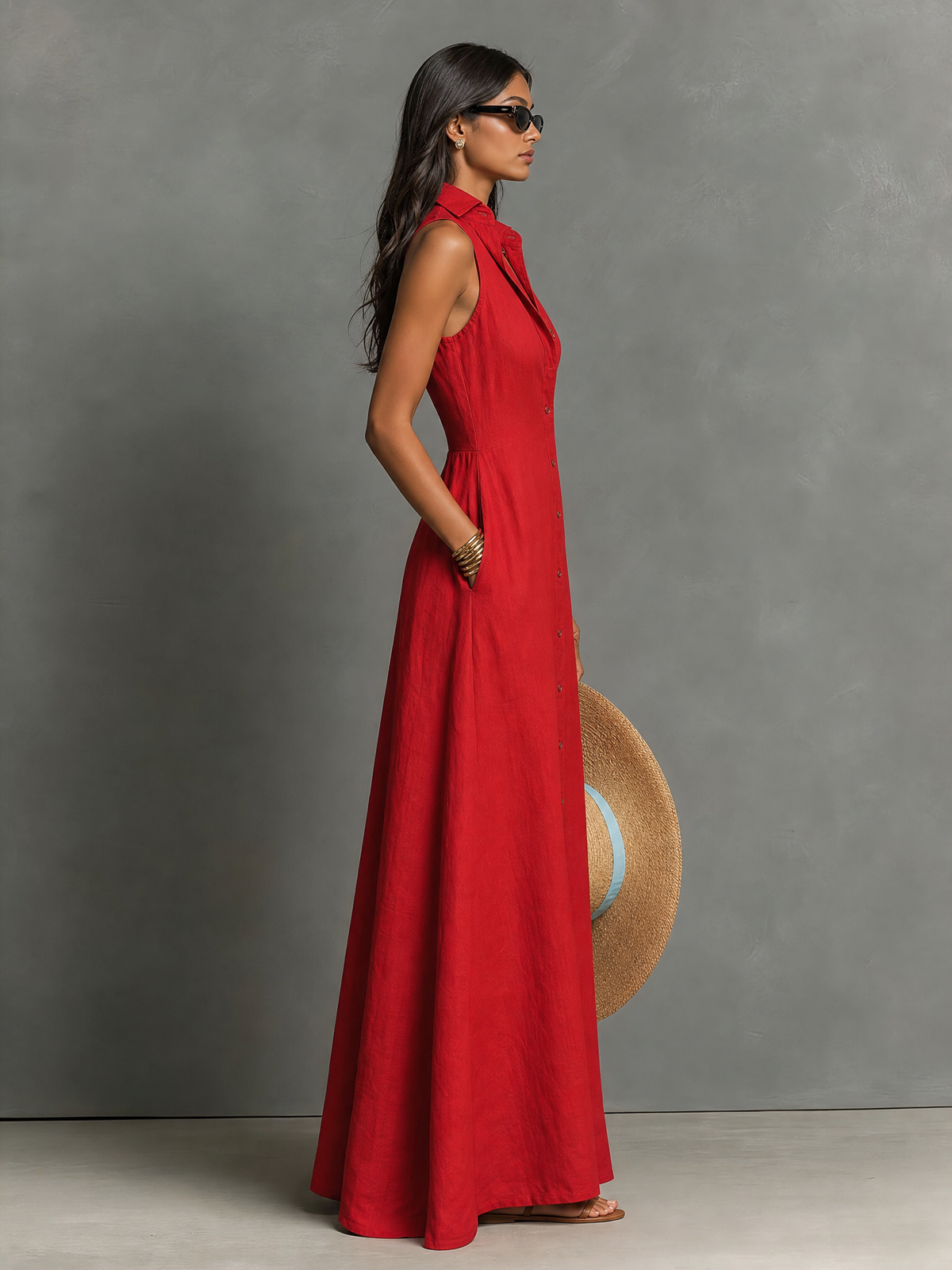 Shirt Dress Women Linen Blend Sleeveless Maxi Collared | Perla