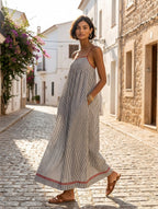 Yvaine | Maxi Dress | Women's Striped, Spaghetti Strap | Red Trim Detail