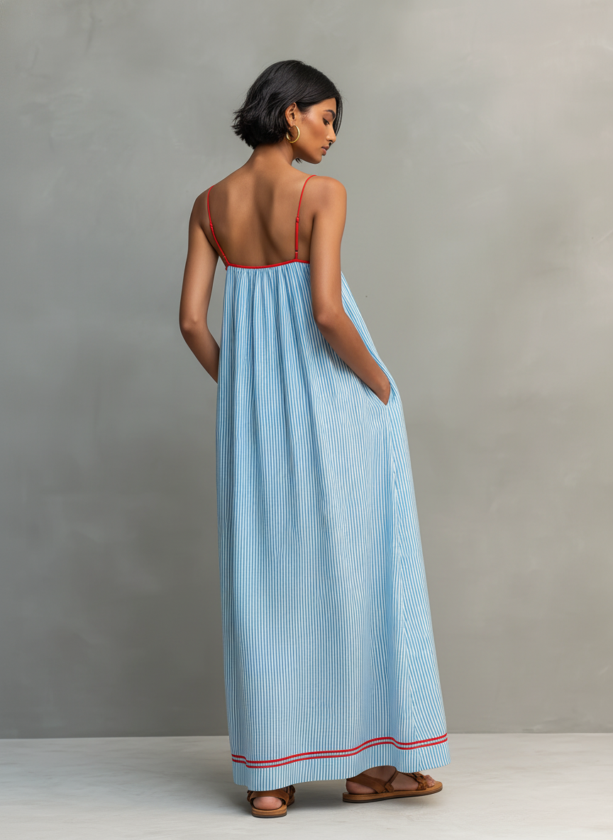 Yvaine | Maxi Dress | Women's Striped, Spaghetti Strap | Red Trim Detail