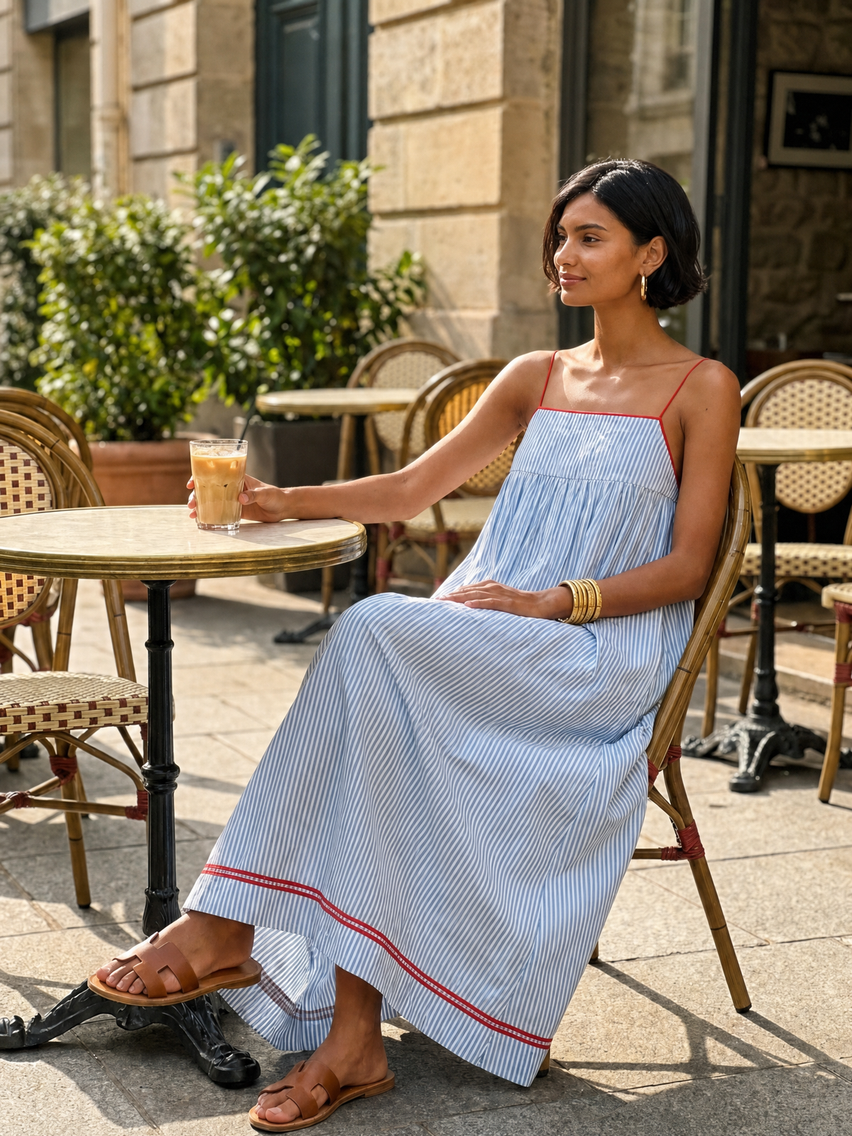 Yvaine | Maxi Dress | Women's Striped, Spaghetti Strap | Red Trim Detail