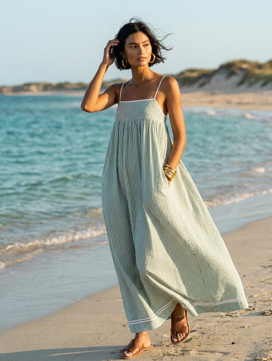 Yvaine | Maxi Dress | Women's Striped, Spaghetti Strap | Red Trim Detail
