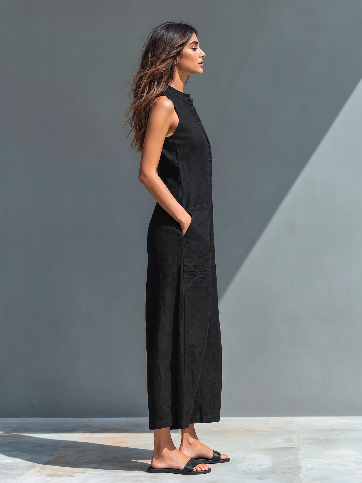 Veda | Women's Linen Jumpsuit | Sleeveless, Button-Up, Stand Collar | Loose Fit