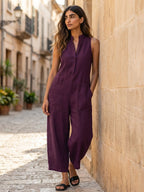 Veda | Women's Linen Jumpsuit | Sleeveless, Button-Up, Stand Collar | Loose Fit