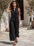 Veda | Women's Linen Jumpsuit | Sleeveless, Button-Up, Stand Collar | Loose Fit