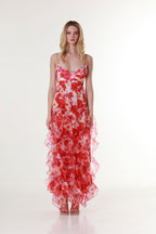 Women Tulle Floral Maxi Dress Plunge Neckline