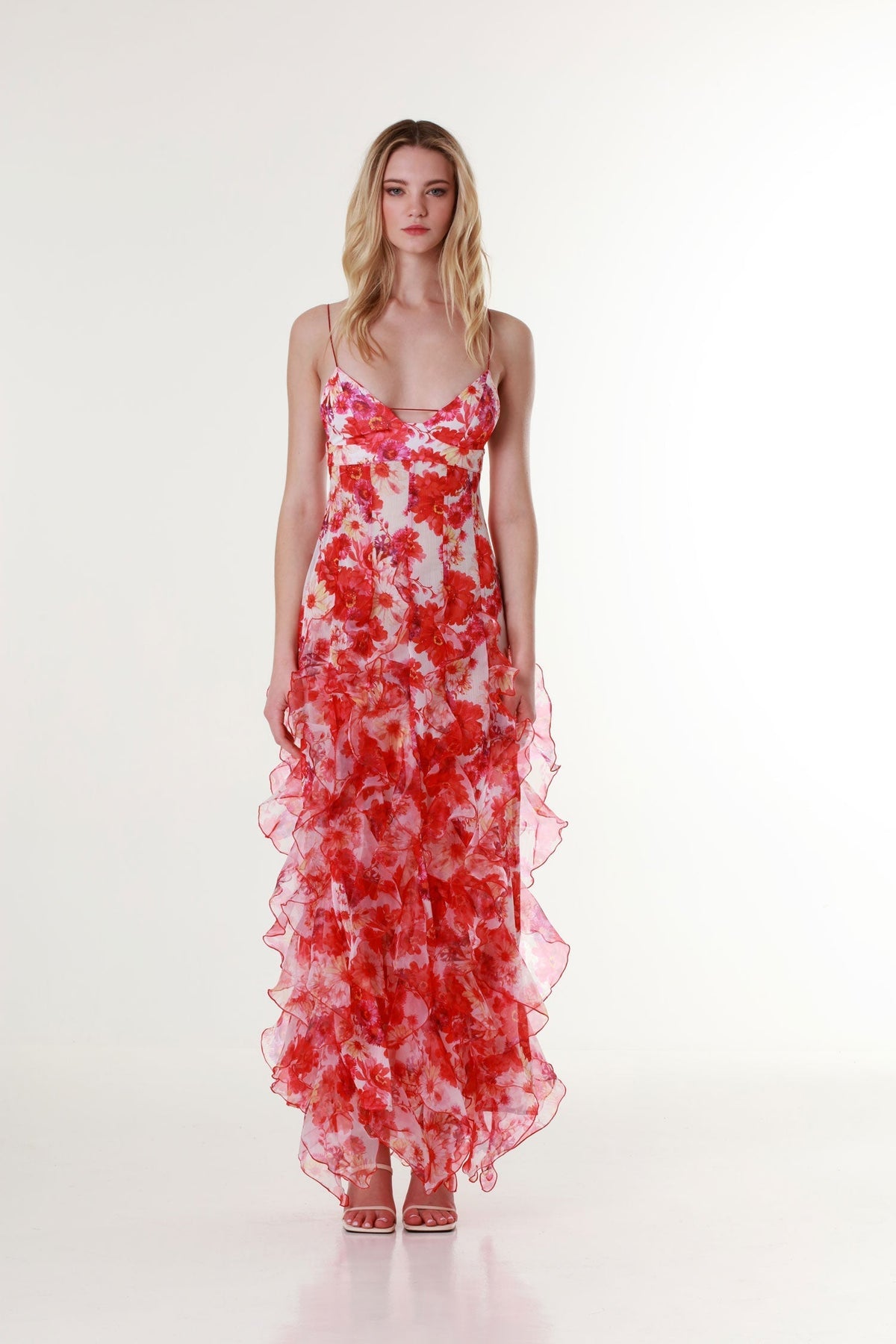 Women Tulle Floral Maxi Dress Plunge Neckline