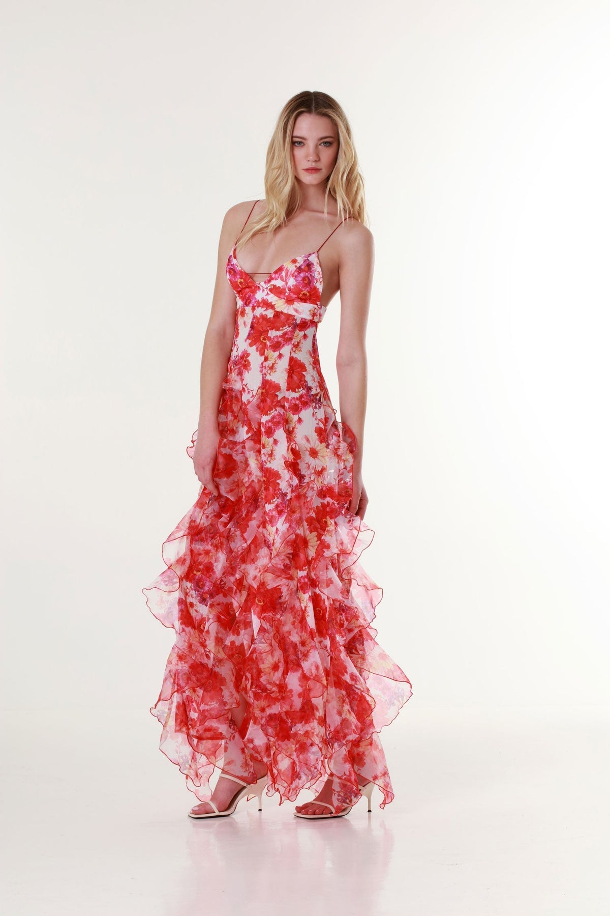 Women Tulle Floral Maxi Dress Plunge Neckline