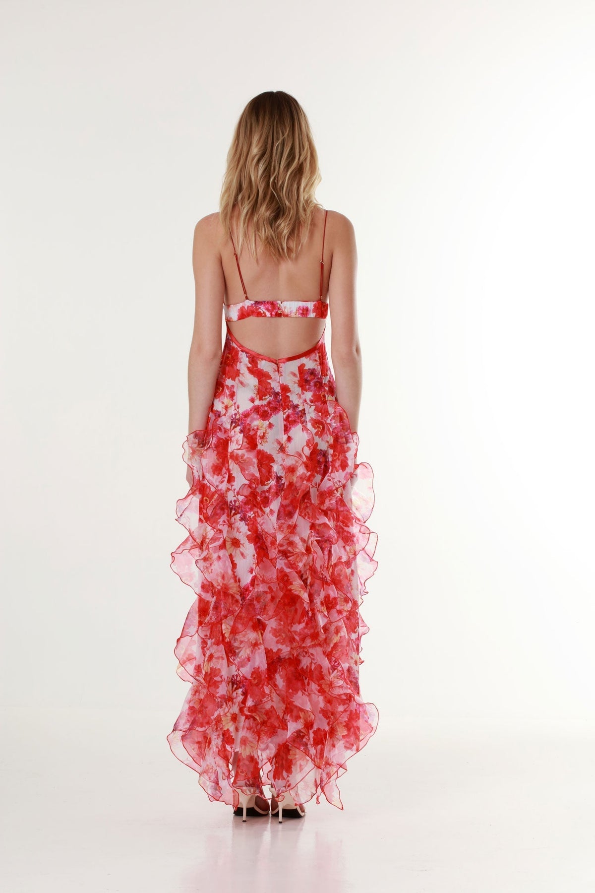 Women Tulle Floral Maxi Dress Plunge Neckline