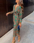 Long Sleeve Midi Dress Wrap V Neck Printed | Verena
