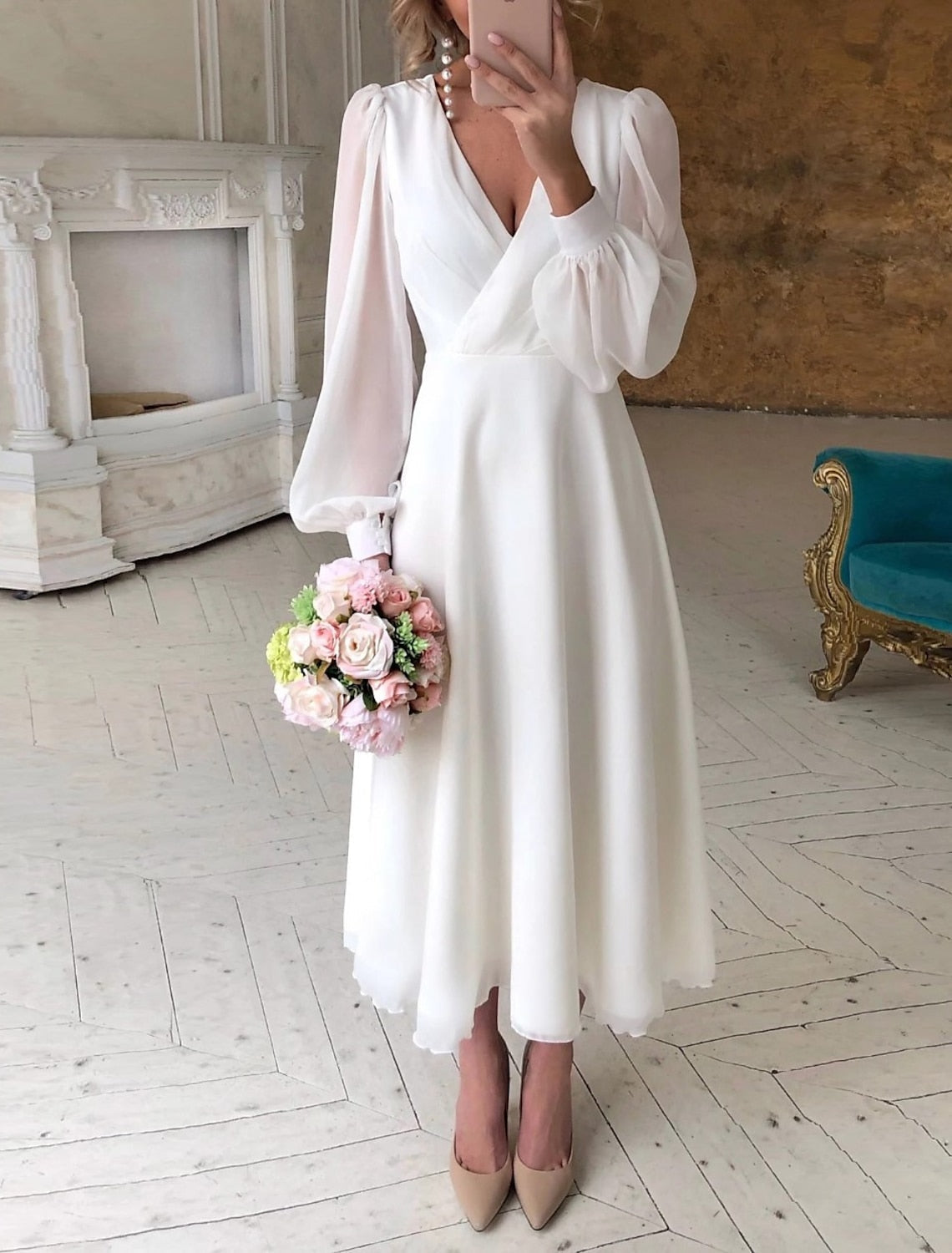 Luna | Wedding Dress | Women's Long Sleeve, Flowing, V-Neck | White