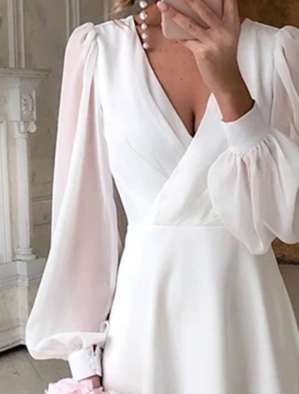 Luna | Wedding Dress | Women's Long Sleeve, Flowing, V-Neck | White