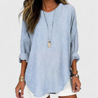 Women loose fit striped blouse crew neck in blue khaki and gray