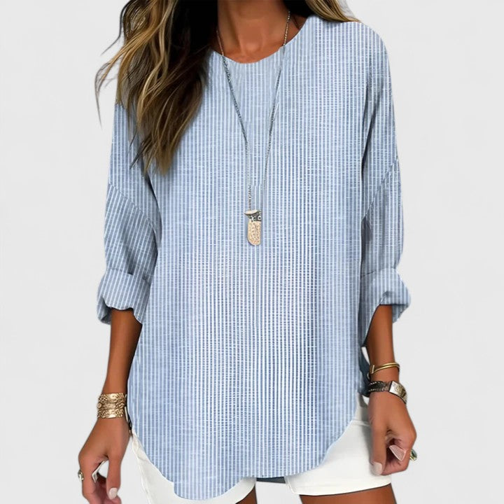 Women loose fit striped blouse crew neck in blue khaki and gray