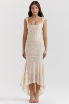 Lace Dress Women Evening Cotton Blend Knee Length Round Neck