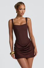 Mini Dress | Square Neckline, Draped Skirt, Lace-Up Back | Kestrel