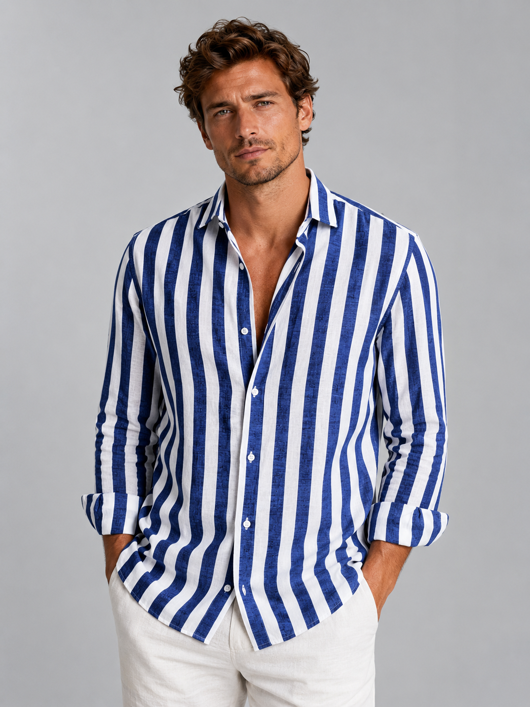 Men Linen Look Shirt Vertical Striped Relaxed Fit Casual Button Up