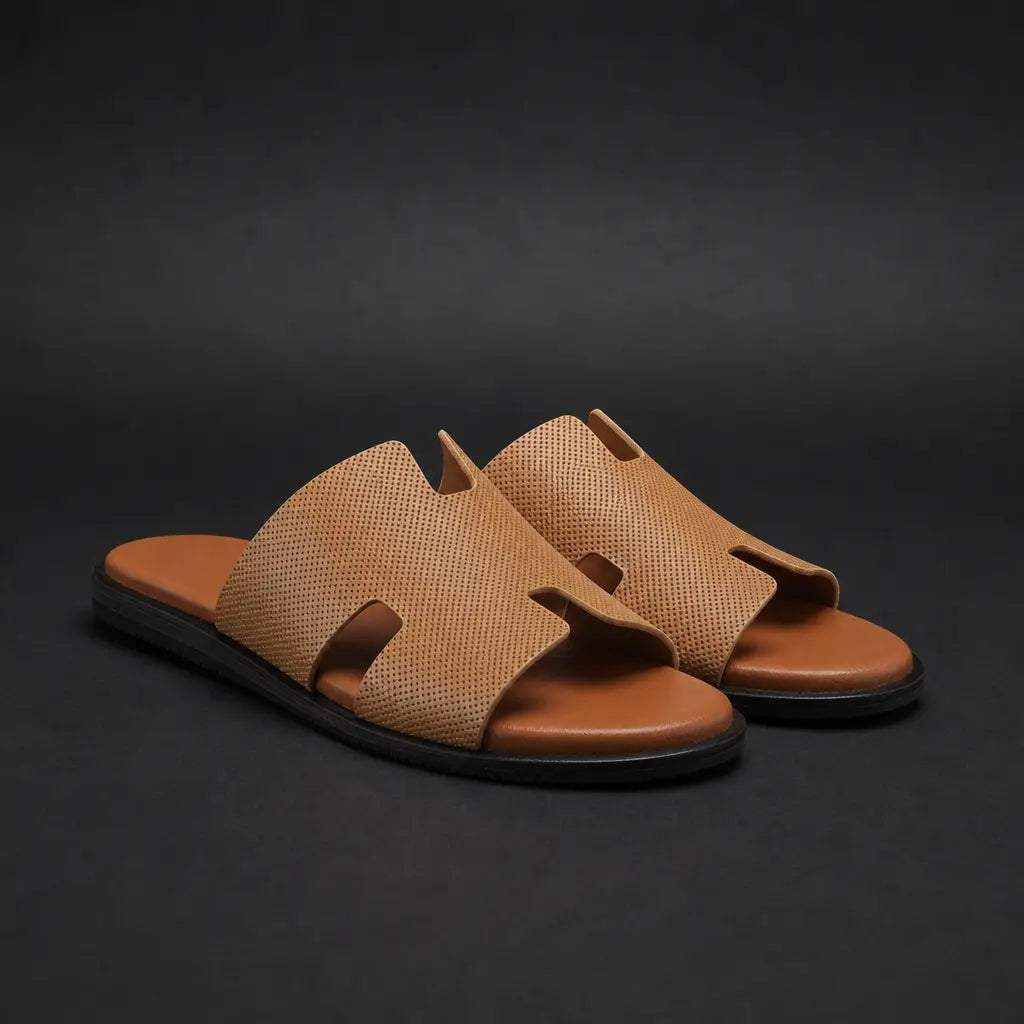 Mens Sandals Perforated H Strap Slide Open Toe Low Profile Summer