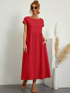 Women Casual Midi Maxi Dress with Pockets Short Sleeve