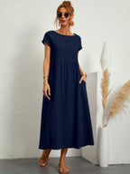 Women Casual Midi Maxi Dress with Pockets Short Sleeve