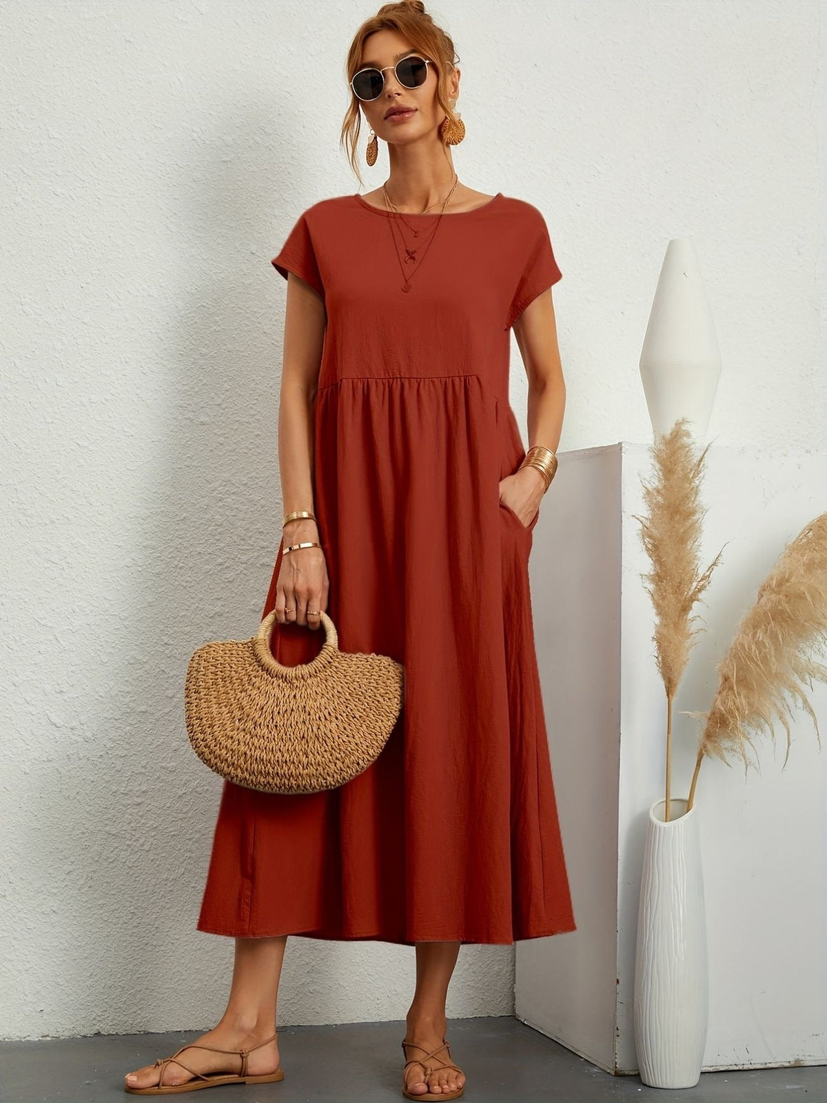Women Casual Midi Maxi Dress with Pockets Short Sleeve