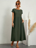 Women Casual Midi Maxi Dress with Pockets Short Sleeve