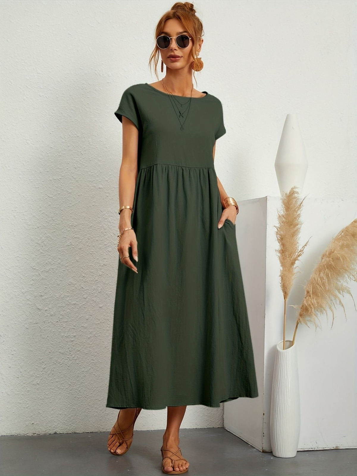 Women Casual Midi Maxi Dress with Pockets Short Sleeve
