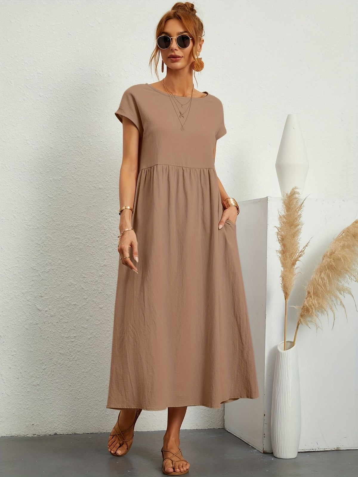 Women Casual Midi Maxi Dress with Pockets Short Sleeve