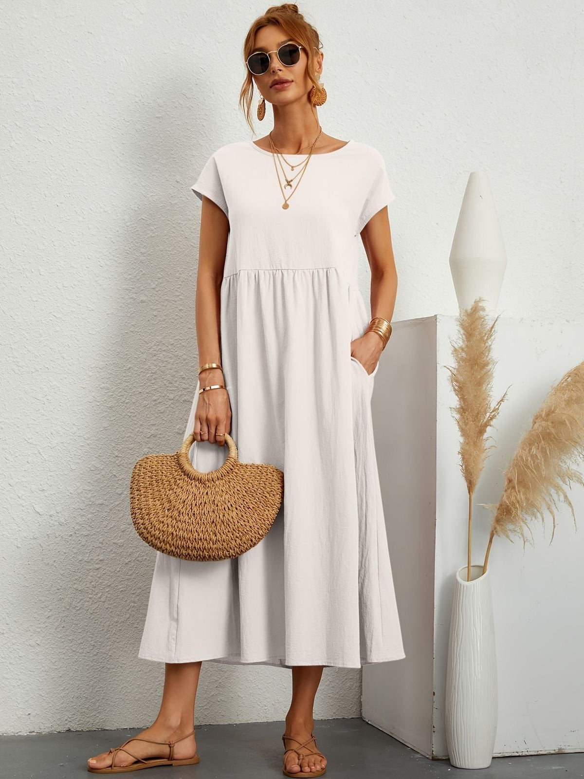 Women Casual Midi Maxi Dress with Pockets Short Sleeve