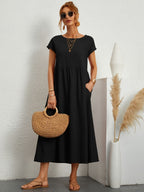 Women Casual Midi Maxi Dress with Pockets Short Sleeve
