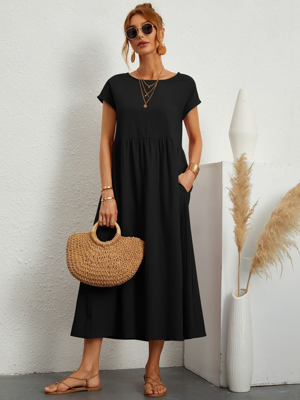 Women Casual Midi Maxi Dress with Pockets Short Sleeve