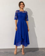 Midi Dress Lace Bodice Tiered A-Line Elbow Sleeve | Dahlia