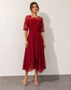 Midi Dress Lace Bodice Tiered A-Line Elbow Sleeve | Dahlia