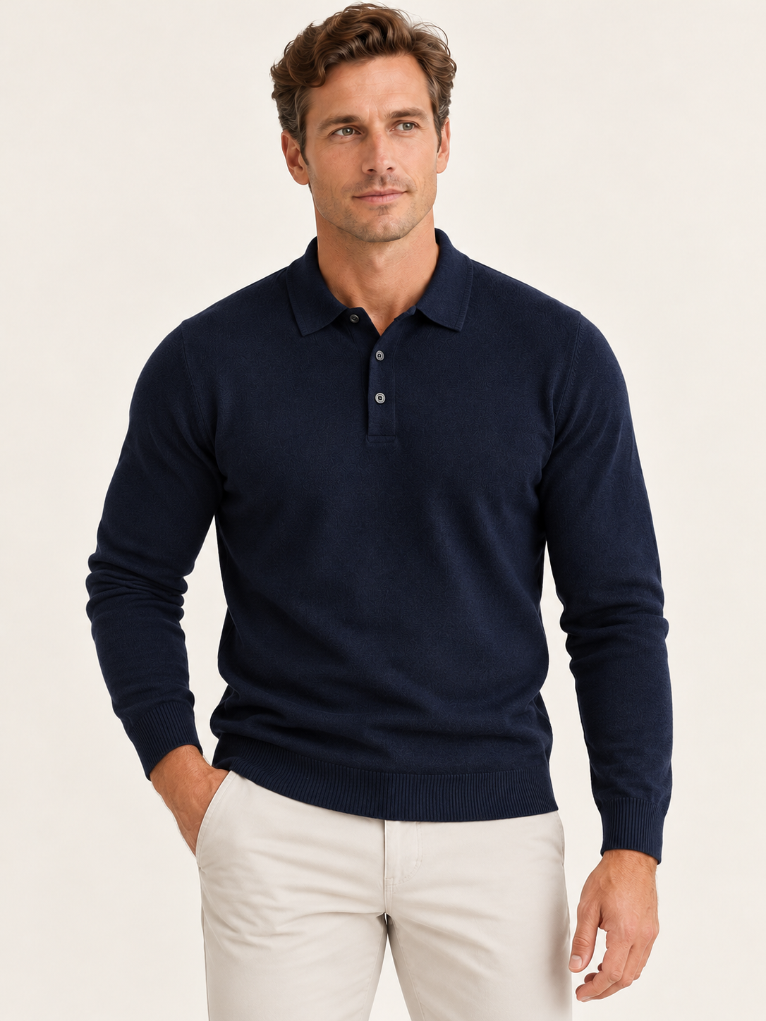 Men Polo Shirt Long Sleeve Knitted Ribbed Cuff Autumn Winter