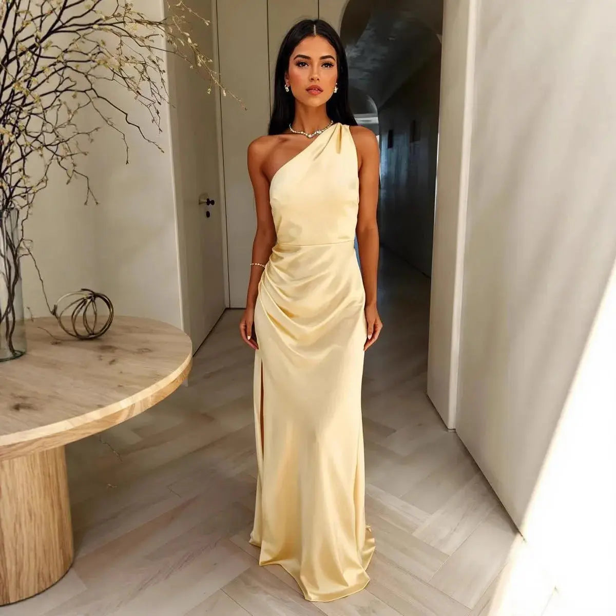 Summer Dress | Women Satin Gala Evening Dress Plain Solid