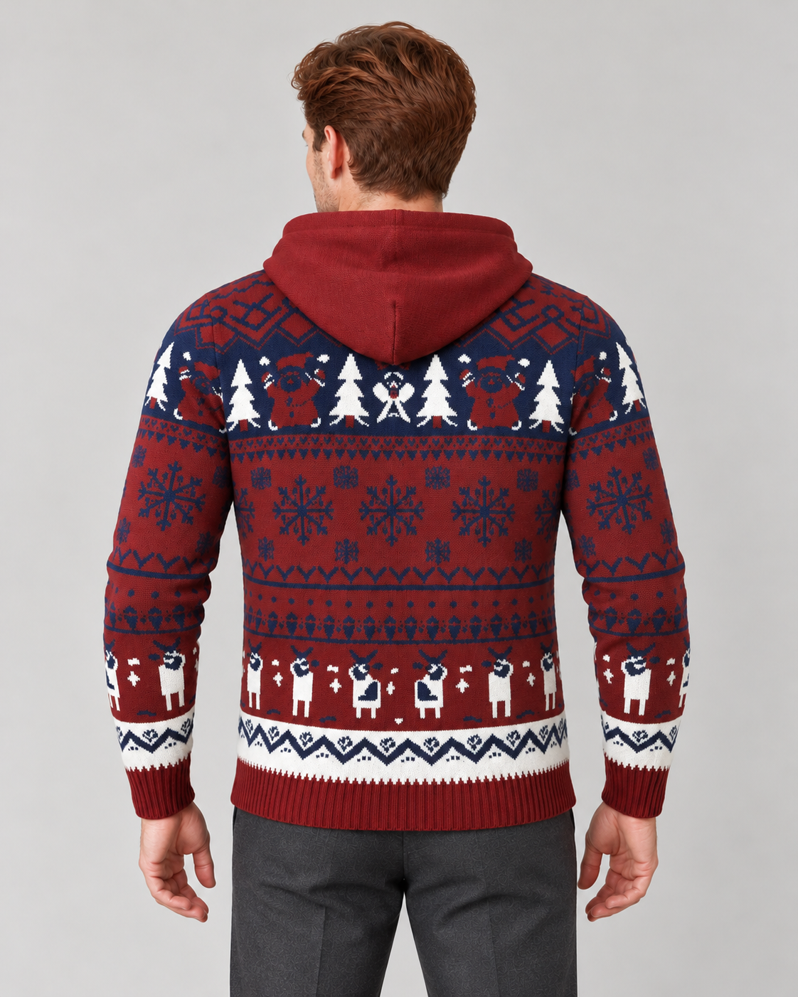 Christmas Sweater Men Hooded Fair Isle Reindeer Pullover Knit