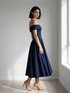 Midi Dress Women Off Shoulder Fitted Bodice Pleated Flared Skirt