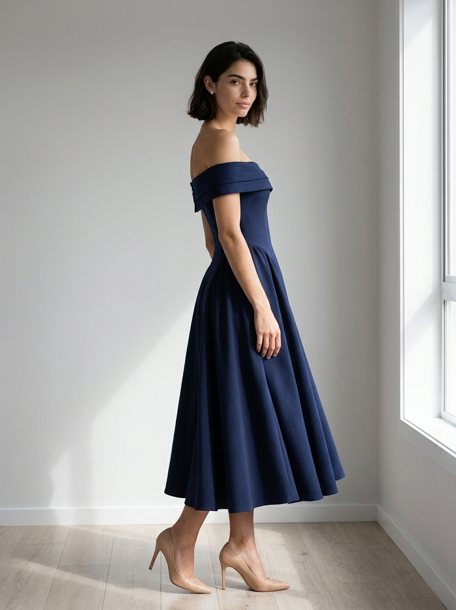 Midi Dress Women Off Shoulder Fitted Bodice Pleated Flared Skirt