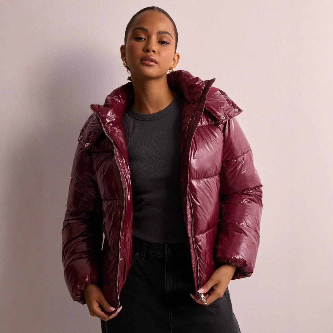 Xanthe | Women's Quilted Jacket | Removable Hood, Shiny | Black & Burgundy