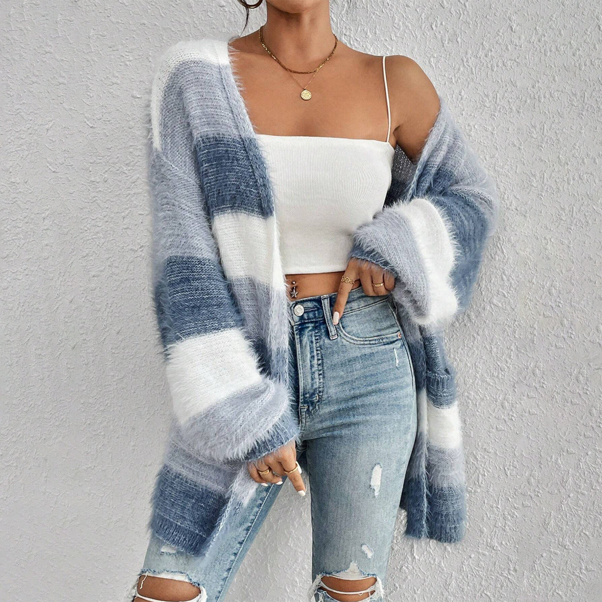 Women Oversized Cardigan Sweater Open Front Striped