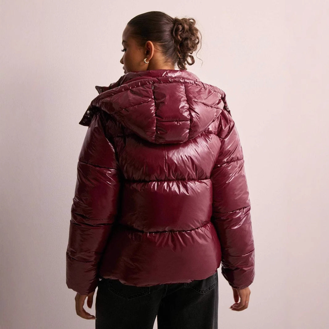 Xanthe | Women's Quilted Jacket | Removable Hood, Shiny | Black & Burgundy