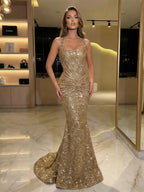 Sequin Dress Women Gold Off Shoulder Figure Hugging Flared Skirt