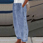 Women Linen Cotton Striped Pants Button Accent
