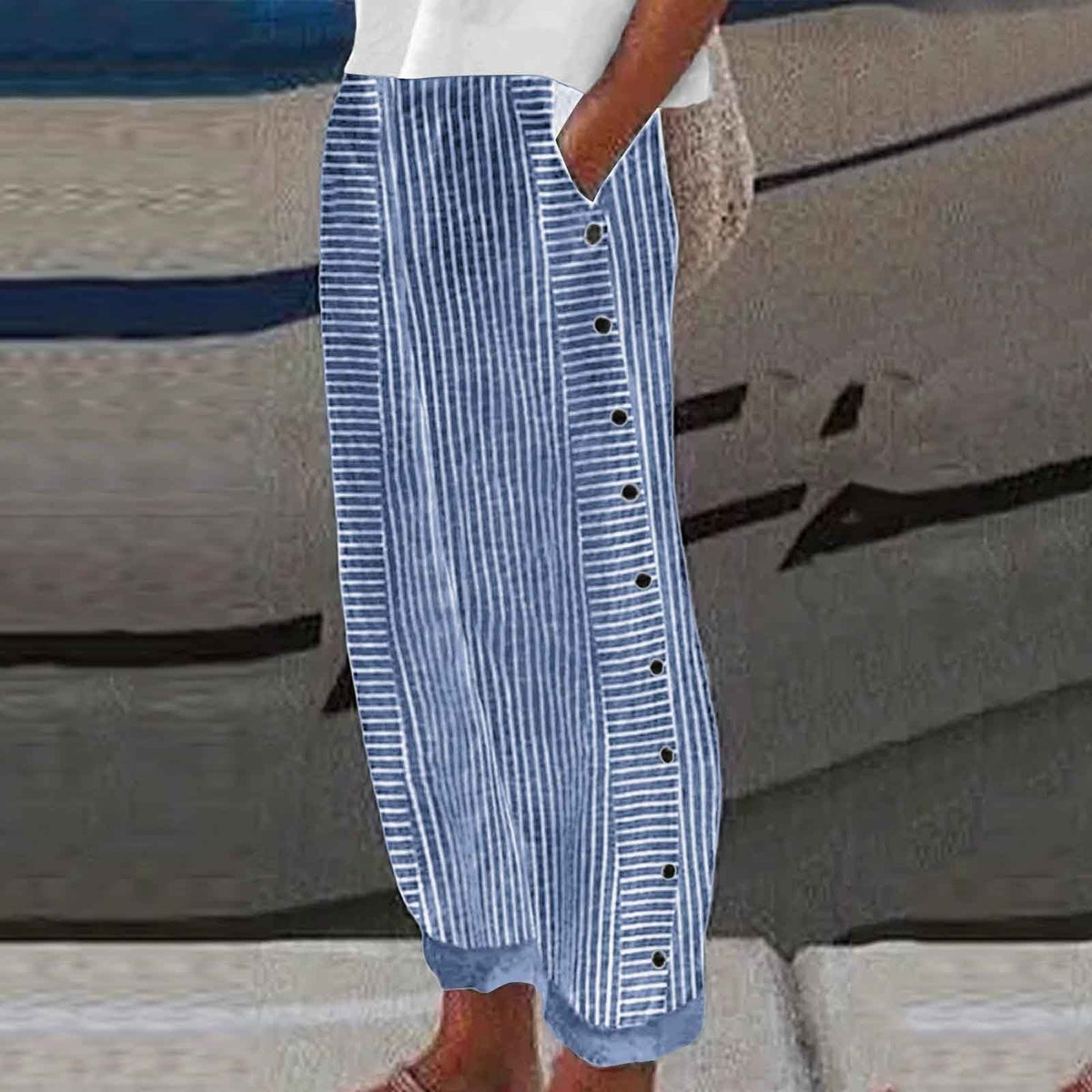 Women Linen Cotton Striped Pants Button Accent