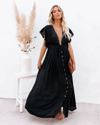 Boho Dress Women Long Flowy Button Front V Neck Short Sleeve