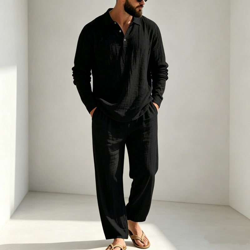 Mens Summer Clothes | 2 Piece Linen Pajama | Breathable Long Sleeve