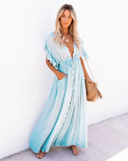 Boho Dress Women Long Flowy Button Front V Neck Short Sleeve